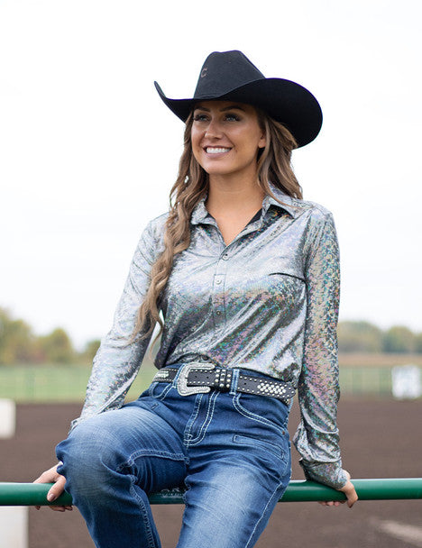 COWGIRL TUFF Pullover Button Up (Silver Holographic Lightweight Metallic Jersey)