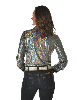COWGIRL TUFF Pullover Button Up (Silver Holographic Lightweight Metallic Jersey)