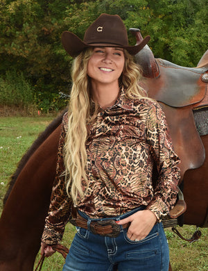 COWGIRL TUFF Pullover Button Up (Brown Tone Animal Print With Gold Foil in Velvet Heavier Weight)
