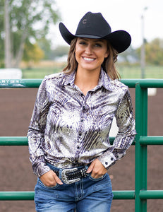 COWGIRL TUFF Pullover Button Up (Gray Tone Animal Print With Gold Foil in Velvet Heavier Weight)