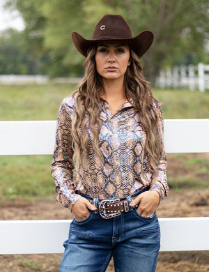COWGIRL TUFF Pullover Button Up (Tan Snake Print With Iridescent Foil in Mid - Weight Jersey)