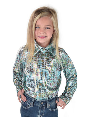 COWGIRL TUFF Girl's Colorful Print with Iridescent Foil Pullover Button-Up