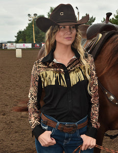 COWGIRL TUFF Pullover Button Up (Black Stretch Faux Leather With Animal Print And Gold Foil/Fringe)