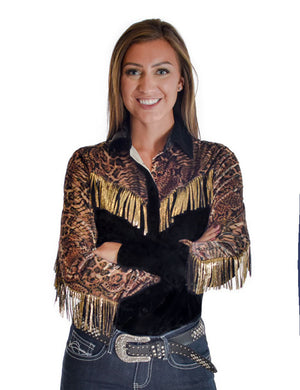COWGIRL TUFF Pullover Button Up (Black Stretch Faux Leather With Animal Print And Gold Foil/Fringe)