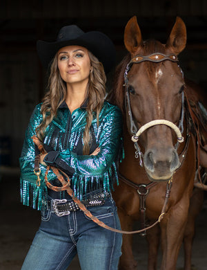 COWGIRL TUFF Pullover Button Up (Black Breathe Lightweight with Turquoise Metallic Accents and Fringe)