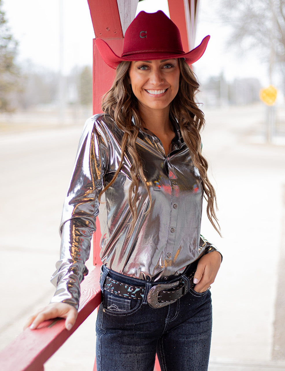 COWGIRL TUFF Pullover Button Up (Light Silver Shiny Metallic Lightweight Stretch Jersey)