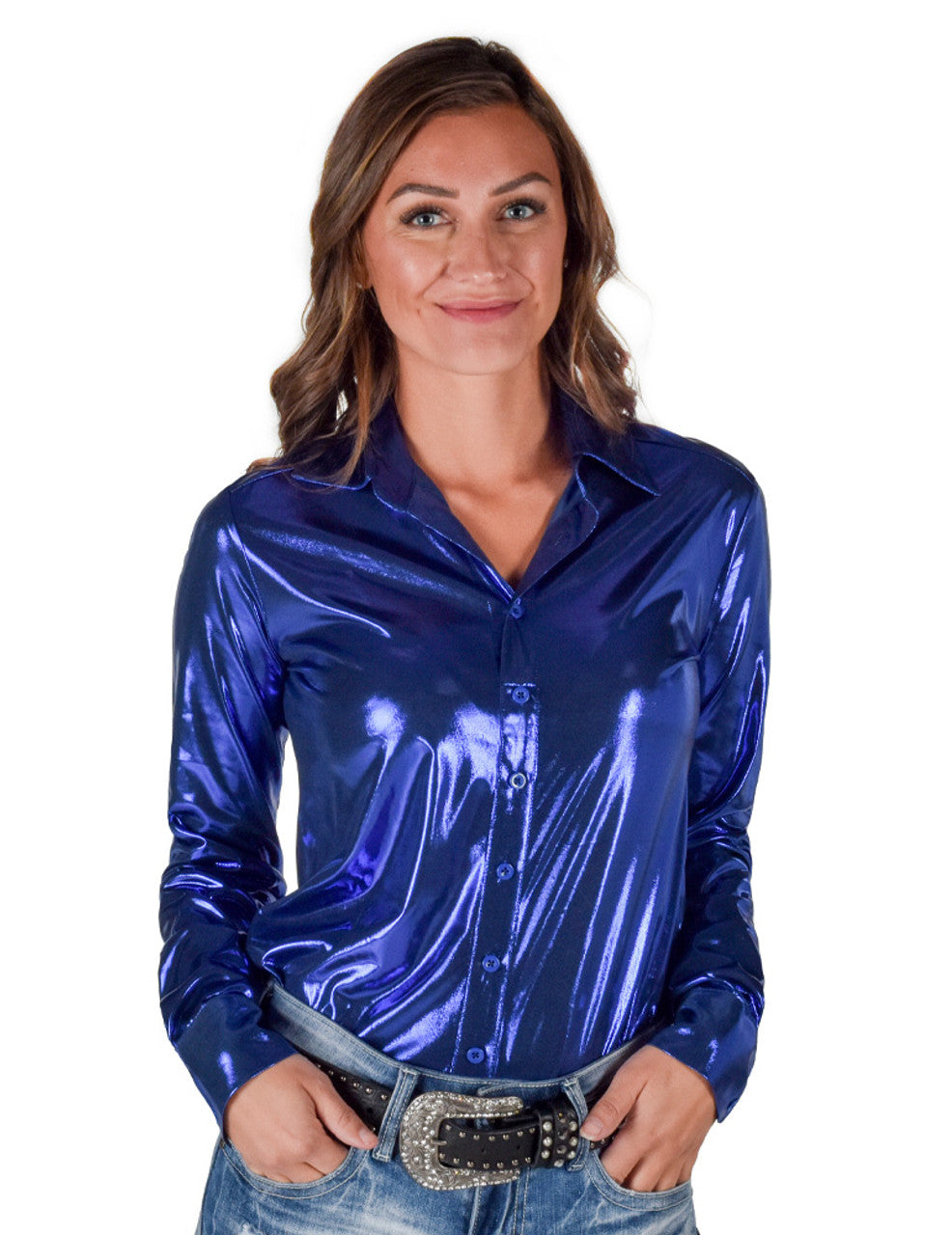 COWGIRL TUFF Pullover Button Up (Blue Shiny Metallic Lightweight Jersey)