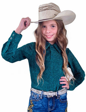 COWGIRL TUFF Girl's Turquoise Stretch Shimmer Pullover Button - Up