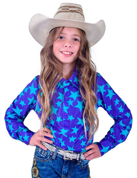 COWGIRL TUFF Girl's Purple and Turquoise Stars Stretch Pullover Button-Up