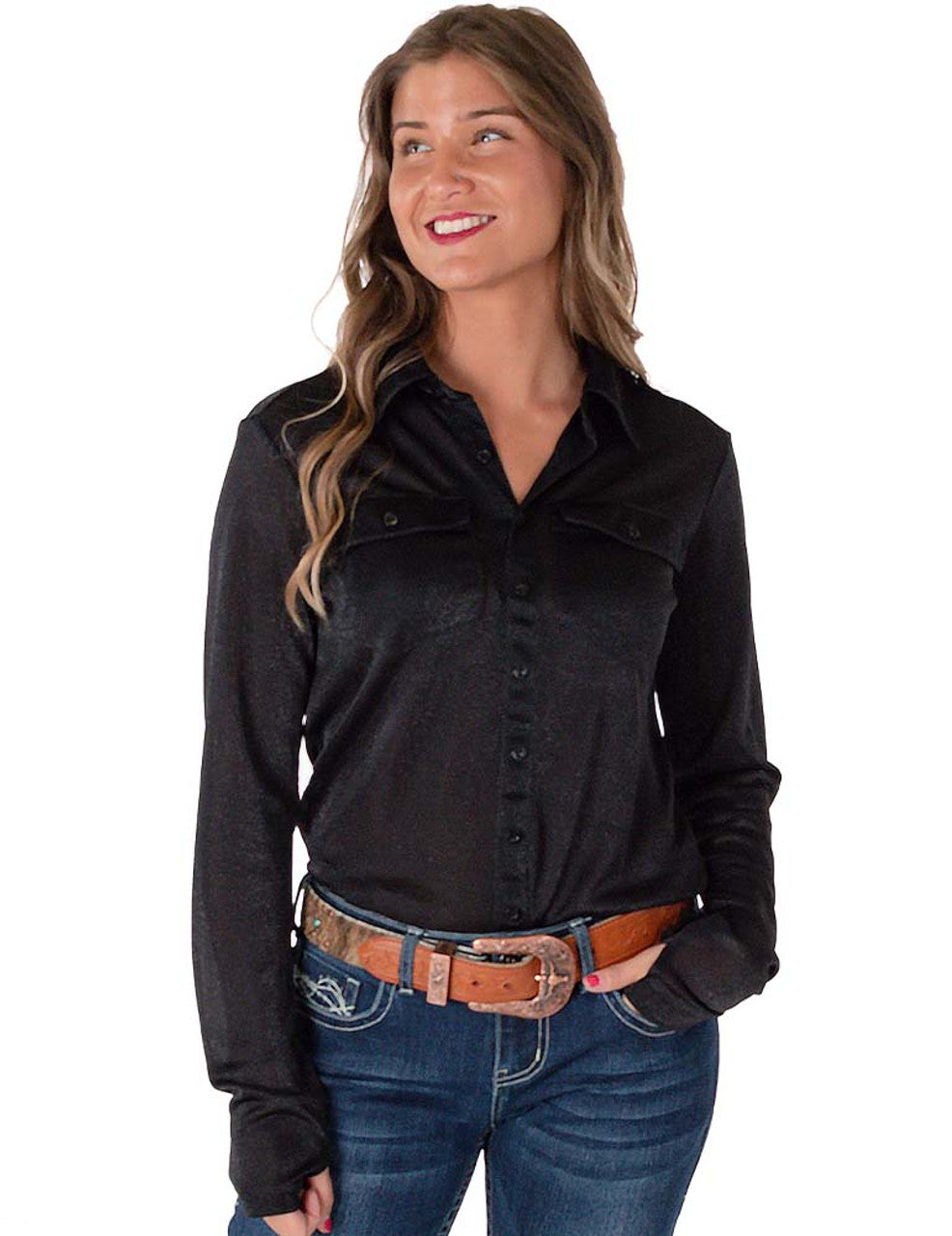 Cowgirl Tuff Black Shimmer Breathe Pullover Button-Up