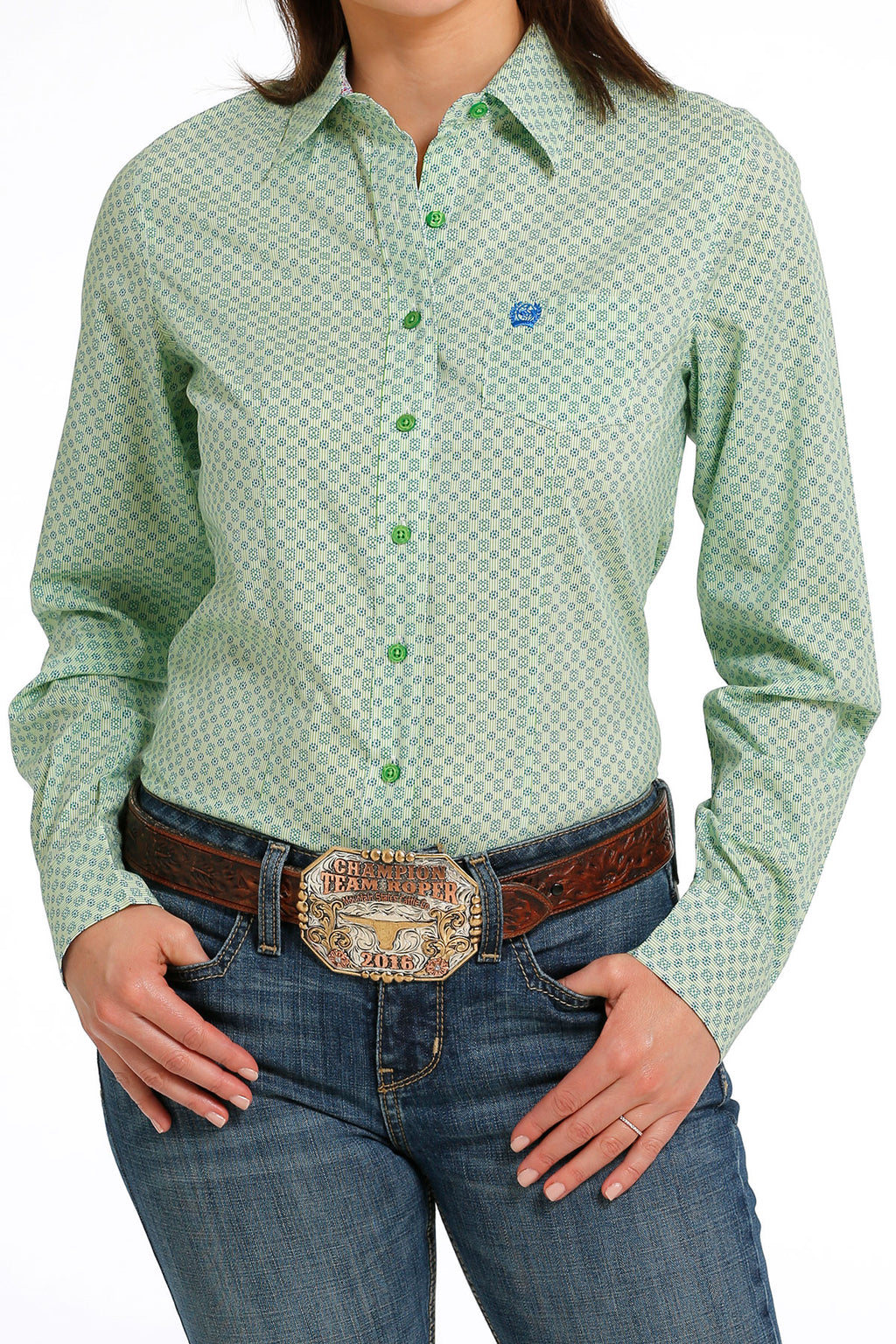 CINCH Women's Green and Blue Button-Down Western Shirt