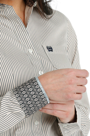 CINCH Women's TENCEL White, Burgundy and Pink Pinstripe Button-Down Western Shirt
