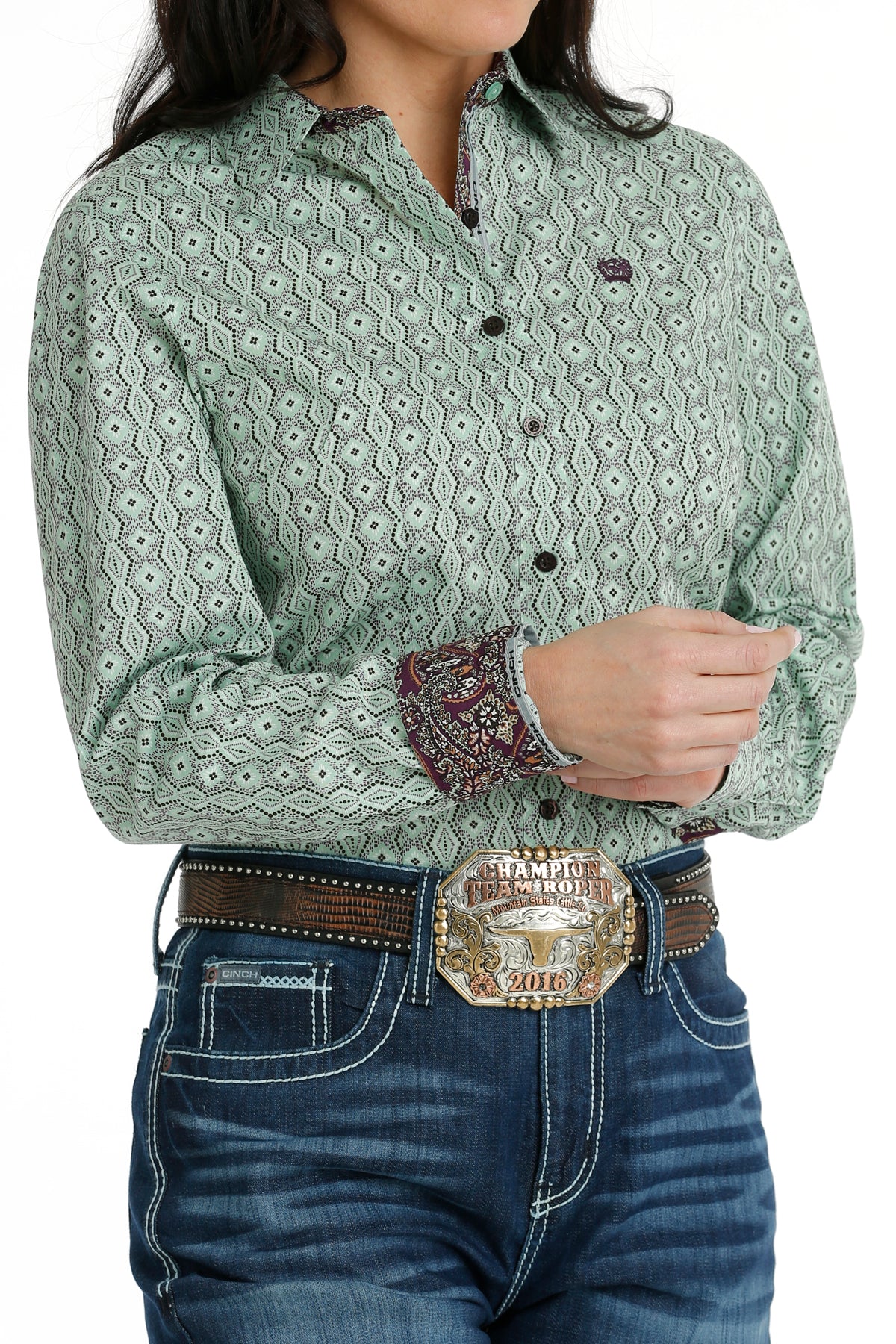 CINCH Women's Lime Green and Brown Button-Down Western Shirt