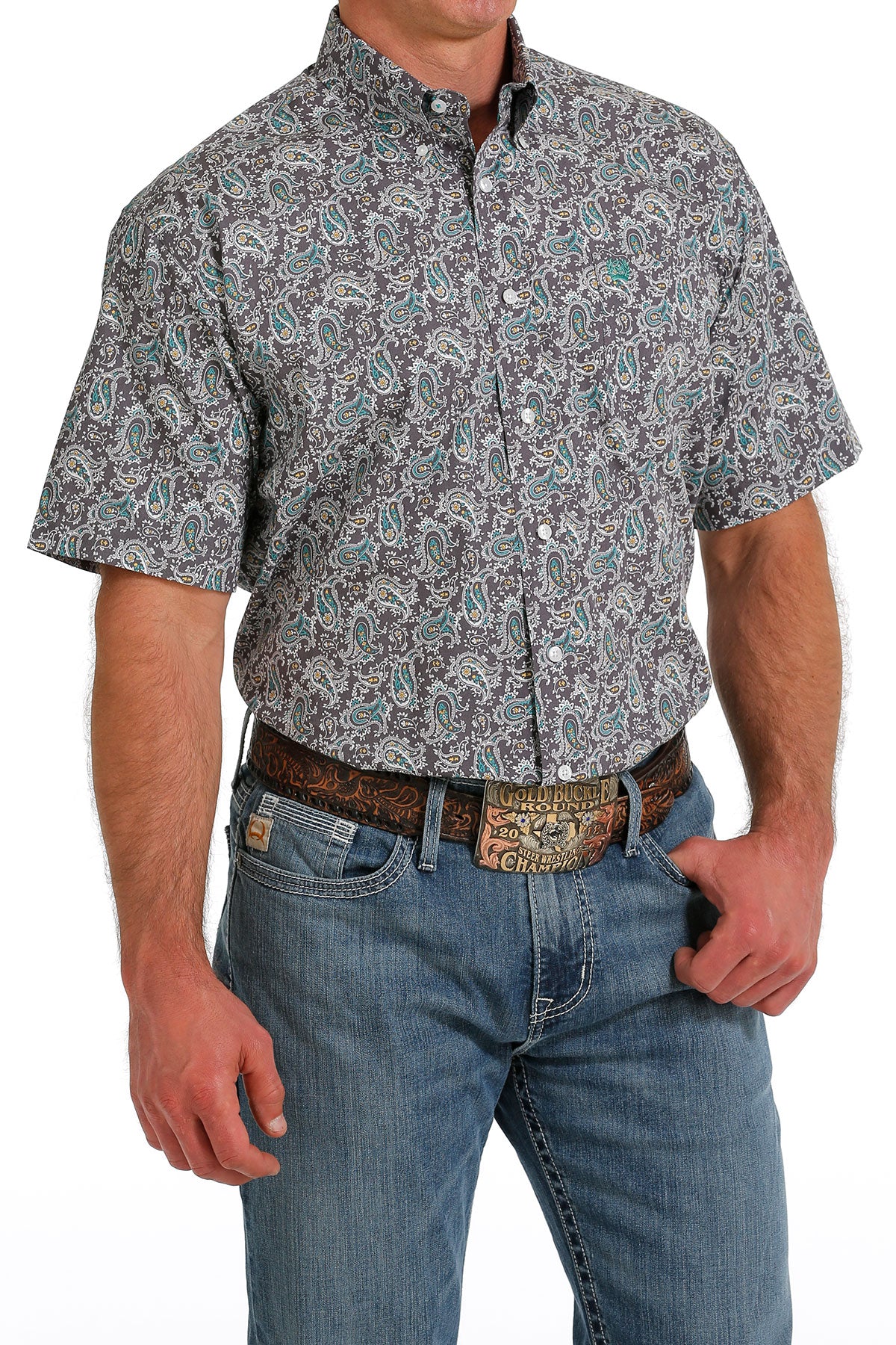 CINCH Men's Gray Paisley Short Sleeve Button-Down Western Shirt