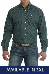 CINCH Men's Green and White Geometric Print Button-Down Western Shirt