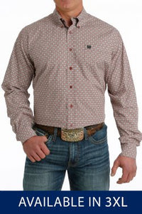 CINCH Men's Burgundy and Green Geometric Print  Button-Down Western Shirt