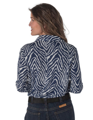 COWGIRL TUFF Women's Pullover Button-Up Navy Zebra Print