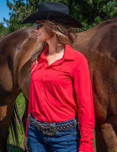 COWGIRL TUFF Women's Bright Red Breathe Cooling UPF Pullover Button-Down