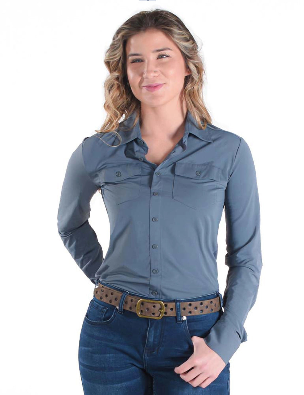 COWGIRL TUFF Women's Steel Gray Breathe Cooling UPF Pullover Button-Down