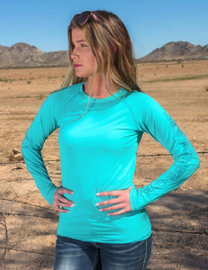 COWGIRL TUFF Women's Turquoise Breathe Instant Cooling UPF Long Sleeve Raglan/Baseball Tee
