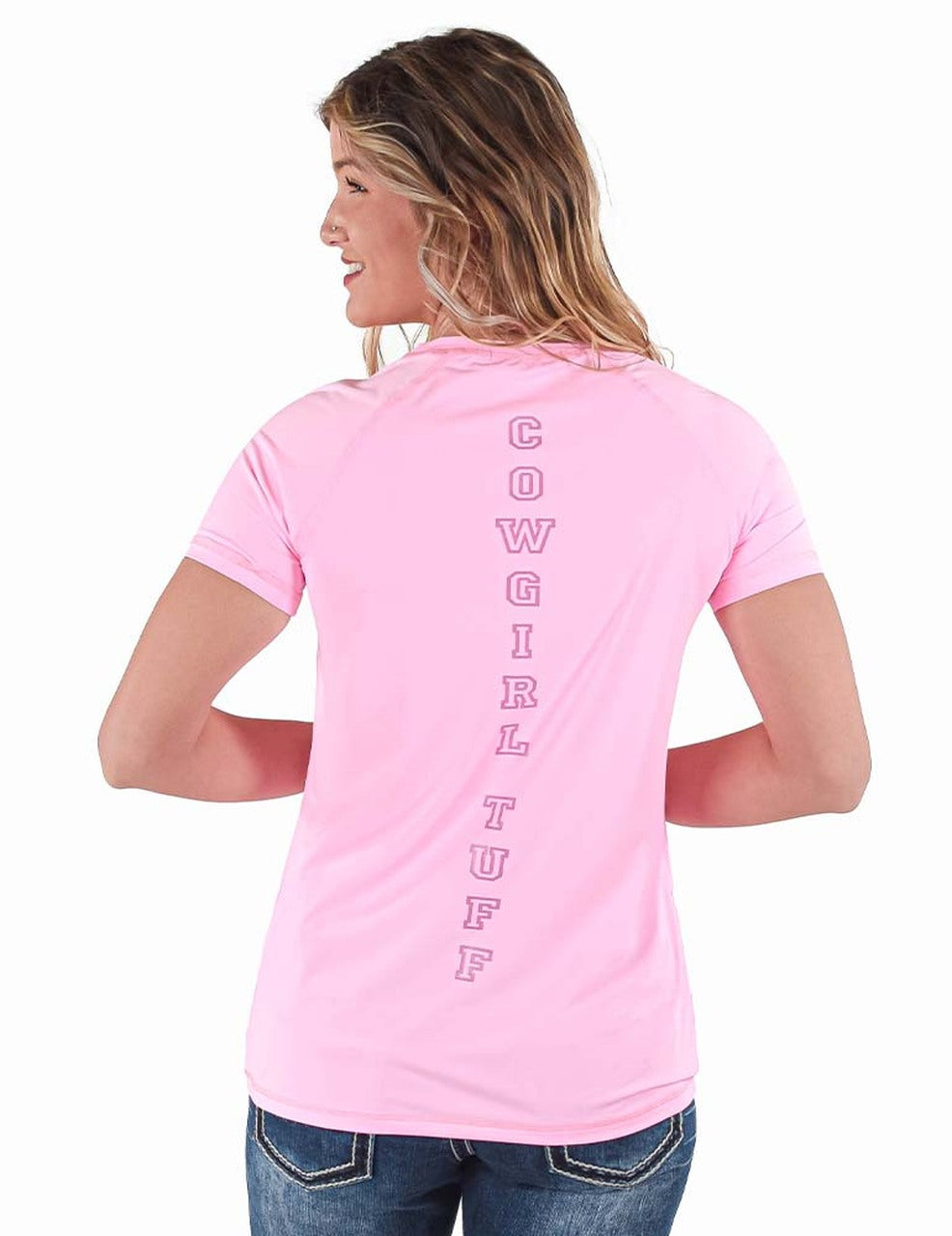 COWGIRL TUFF Women's Bubblegum Pink Breathe Instant Cooling UPF Short Sleeve Raglan/Baseball Tee