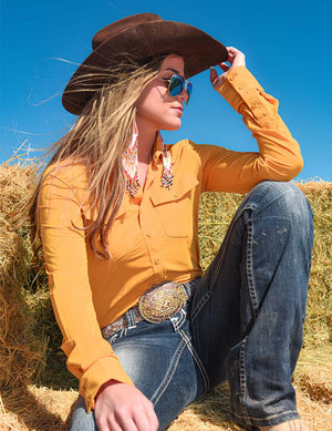 COWGIRL TUFF Women's Mustard Breathe Cooling UPF Pullover Button-Down