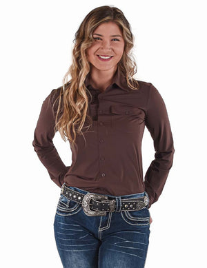COWGIRL TUFF Women's Brown Breathe Cooling UPF Pullover Button-Down