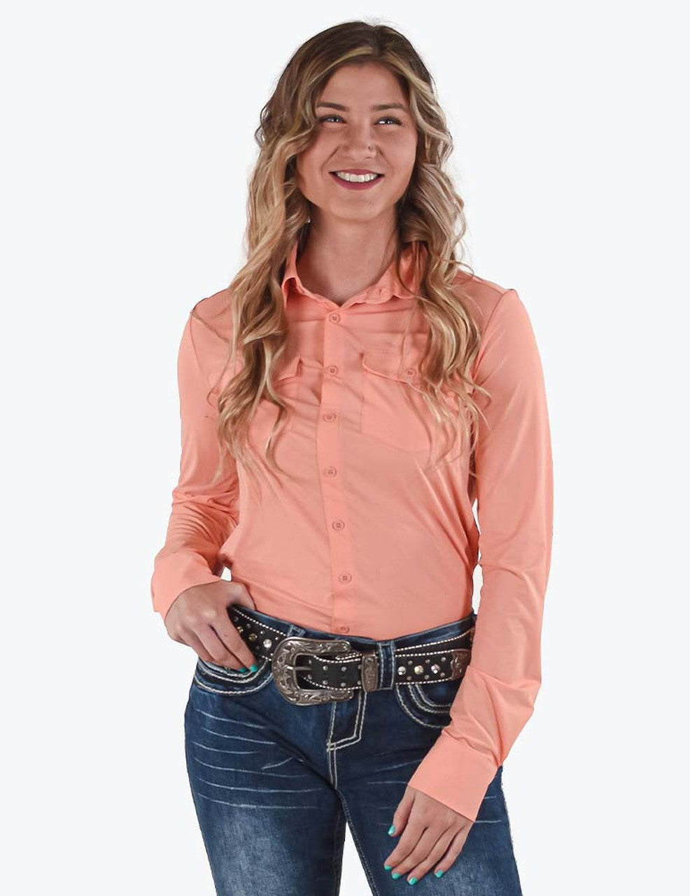 COWGIRL TUFF Women's Coral Breathe Cooling UPF Pullover Button-Down