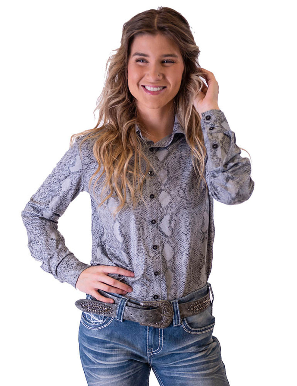 COWGIRL TUFF Women's Gray Snake Pullover Button-Down
