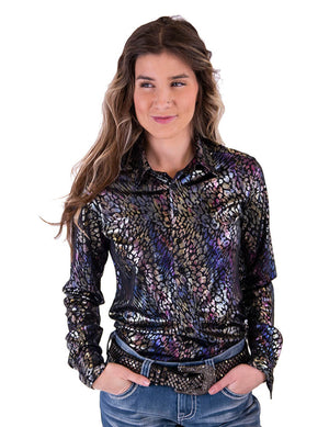 COWGIRL TUFF Women's Foil Leopard Pullover Button-Down