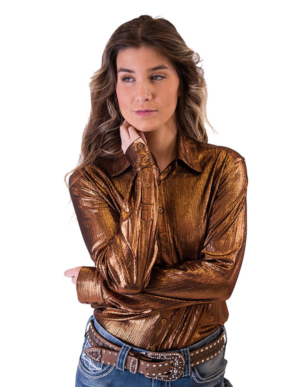 COWGIRL TUFF Women's Copper Metallic Pullover Button-Down
