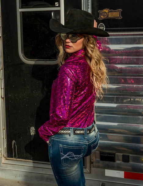 COWGIRL TUFF Women's Hot Pink Metallic Pullover Button-Down