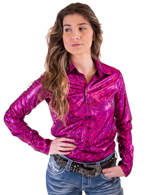 COWGIRL TUFF Women's Hot Pink Metallic Pullover Button-Down