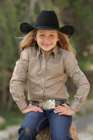 CRUEL GIRL Girl's Khaki Twill Button-Down Western Shirt