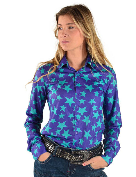 COWGIRL TUFF Women's Purple and Turquoise Stars Pullover Button-Down