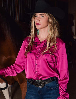 COWGIRL TUFF Women's Pink w/Black Embroidery Pullover Button-Down