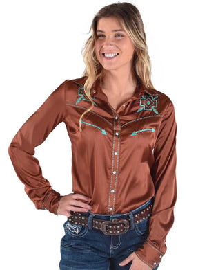 COWGIRL TUFF Women's Copper w/Turquoise Embroidery Pullover Button-Down