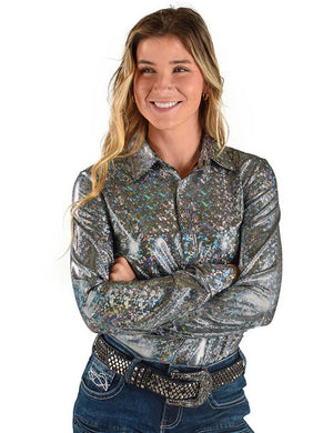 COWGIRL TUFF Women's Silver Sparkle Pullover Button-Down