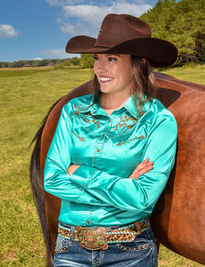 COWGIRL TUFF Women's Turquoise w/Copper Embroidery Pullover Button-Down