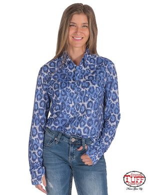 COWGIRL TUFF Women's Blue Leopard Pullover Button-Down