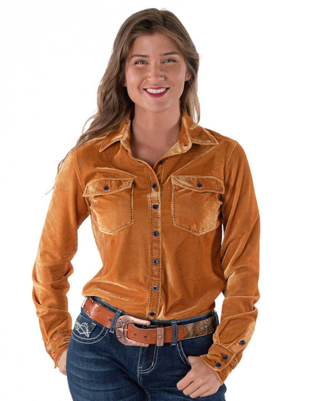 COWGIRL TUFF Women's Pullover Button-Up Gold Velvet