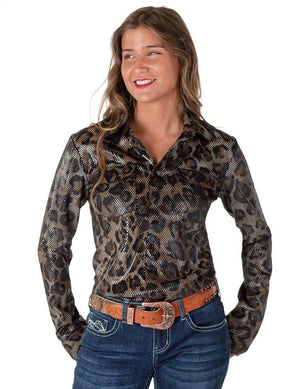 COWGIRL TUFF Women's Shiny Leopard Pullover Button-Up
