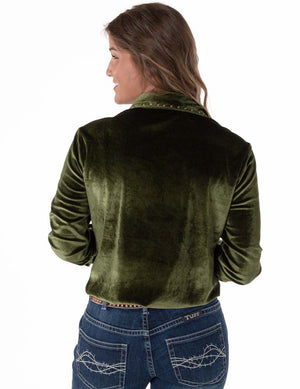 COWGIRL TUFF Women's Green Velvet Pullover Button-Up
