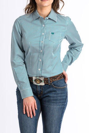 CINCH Women's Teal and White Stripe Button-Down Western Shirt
