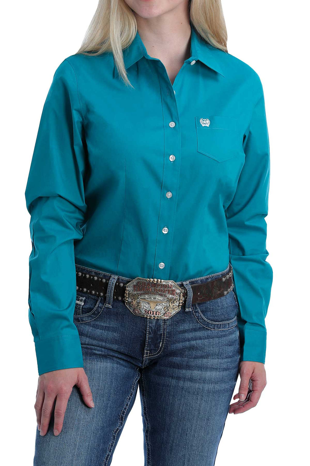 CINCH Women's Stretch Solid Teal Button-Down Western Shirt
