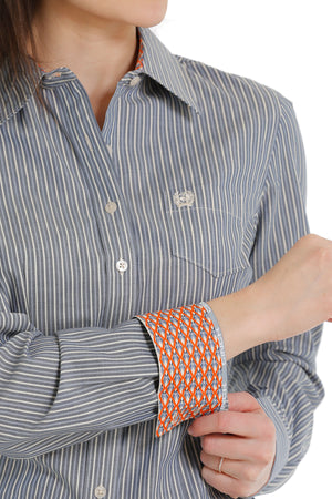 CINCH Women's Blue and Cream Stripe Button-Down Western Shirt