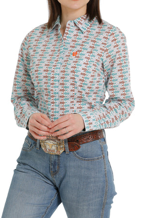 CINCH Women's White, Orange and Blue Button-Down Western Shirt