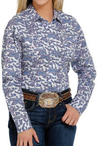 CINCH Women's White, Blue, and Purple Paisley Snap Front Western Shirt