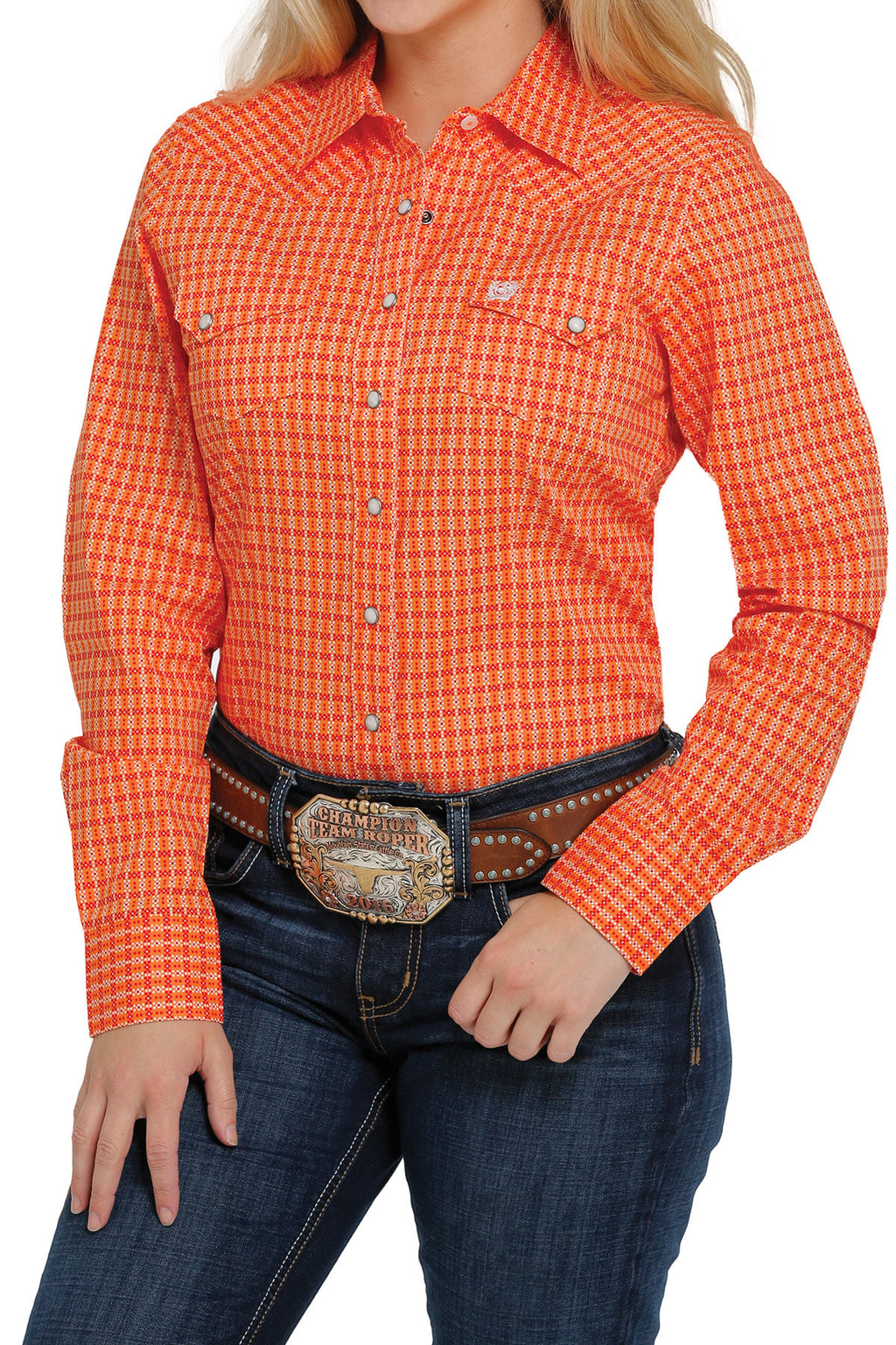 CINCH Women's Orange and Red Snap Front Western Shirt