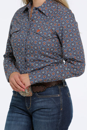 CINCH Women's Blue, Orange, and Cream Snap Front Western Shirt
